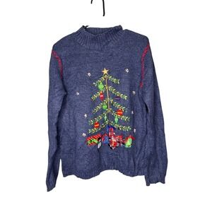 Women's Christmas Tree Embroidered Sweater Blue L Vintage Grandma Cozy Holiday